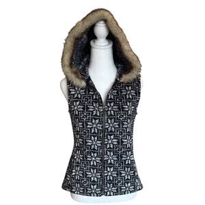 Talbots Blue Snowflake Sweater Vest  Size P Full Zip Hood with Faux Fur Trim